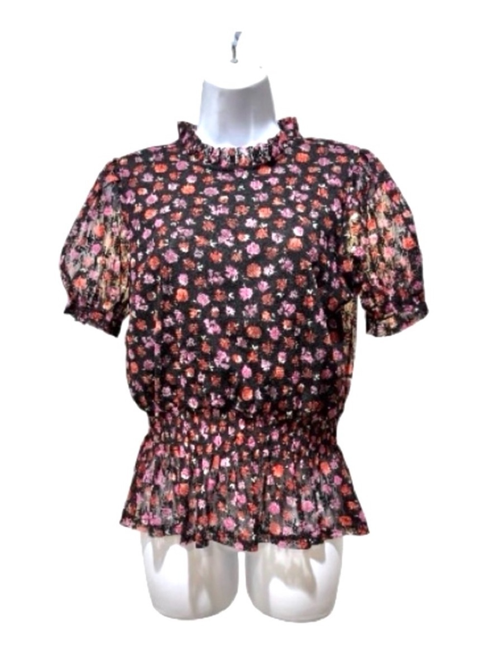 Meraki Floral Peplum Blouse L Smocked Puff Sleeve Cottagecore Boho Top
